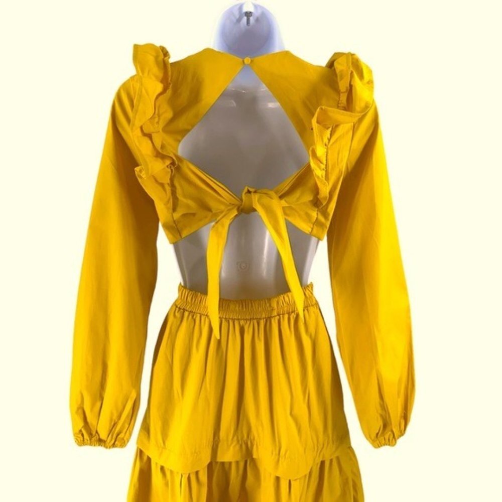 NEW Petal & Pup Mariga Long Sleeve Frill Shoulder Midi Dress in Marigold Size M - Picture 9 of 12
